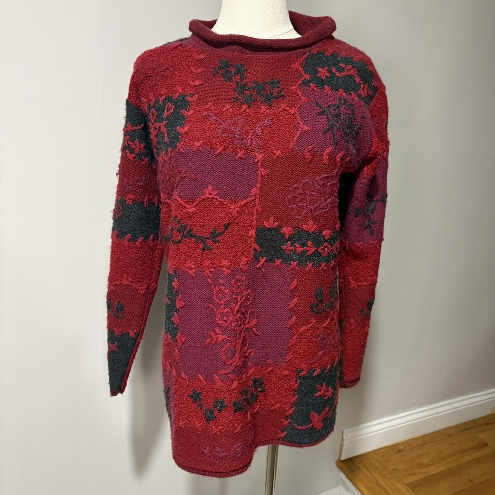Vtg Wool Blend Jaclyn Smith Red Black Sweater Granny Cabincore Sz S 80s 90s